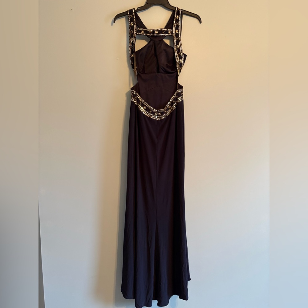 Betsy & Adam Navy Formal Maxi Dress with Gold Accents - Picture 5 of 9